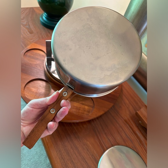 Read STELTON Denmark Fondue Set MCM Mid Century Modern Teak Lazy Susan Stainless - Picture 13 of 16